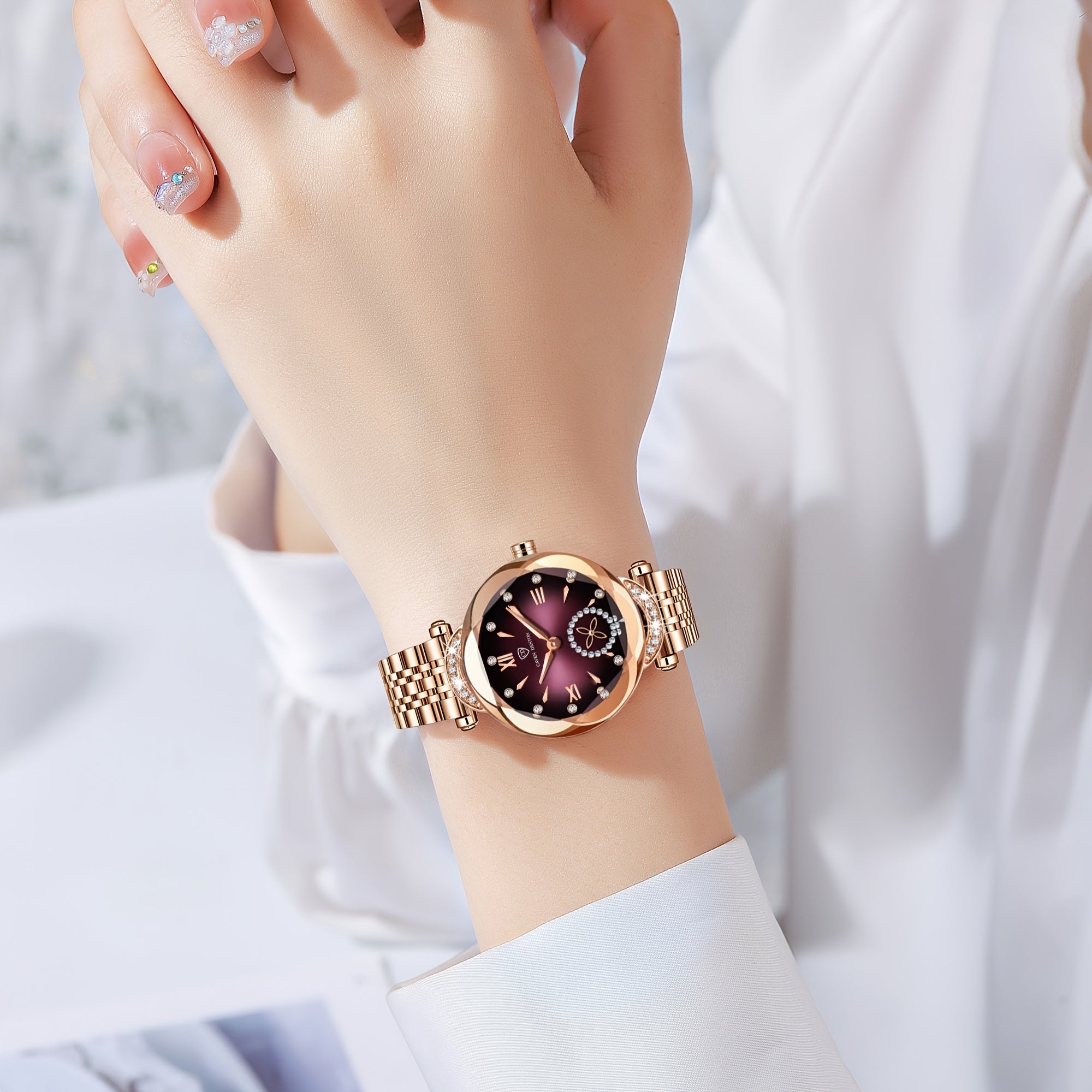 Elegant Women's Quartz Watch with Rhinestone Accents - Rose Golden Case & Stainless Steel Band, Roman Numerals, Independent Second Hand - Ideal for Business or Formal Wear - Perfect Mother's Day, Christmas, or Back-to-School